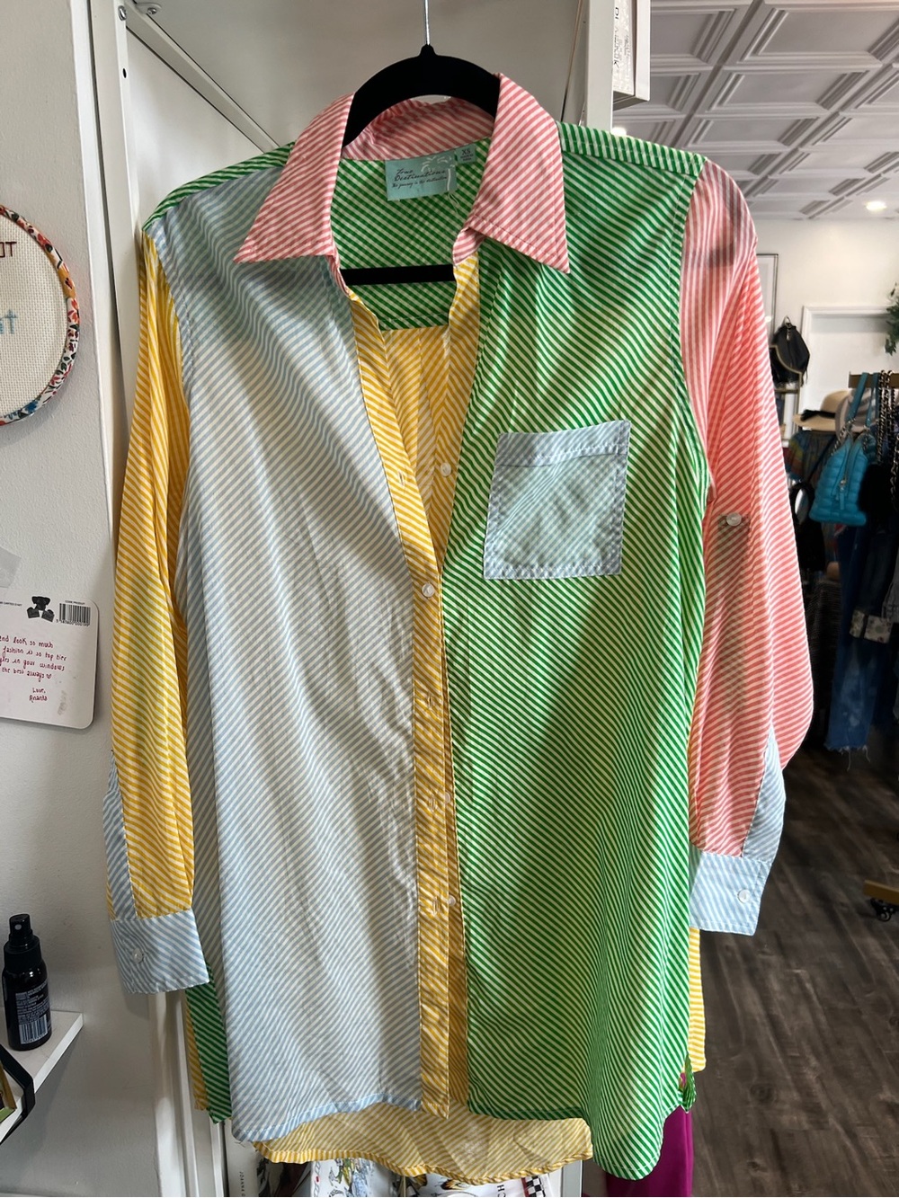 Striped Colorblock Button-Down Shirt in Green, Pink, Yellow, Blue